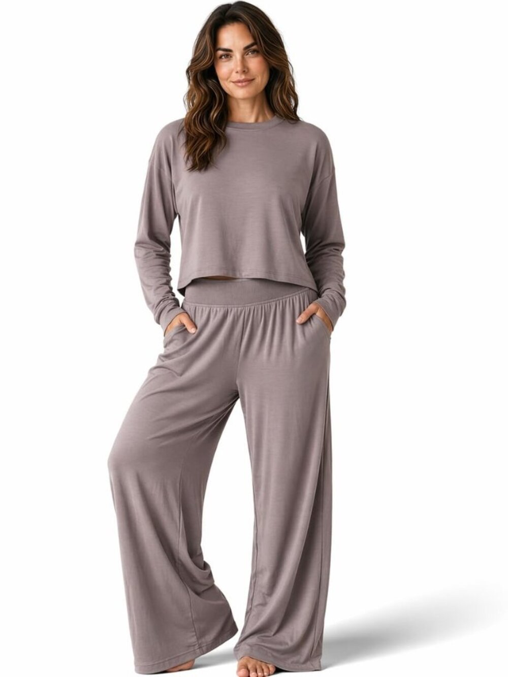 Lounge Set Women 2 Piece Cropped Long Sleeve Top & Wide Leg Pants with Pockets
